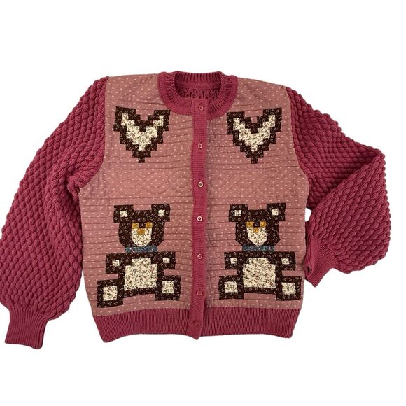 Handmade Quilted Pink Teddy Bear Heart Cottagecore Hippie Cardigan Medium - Picture 1 of 14